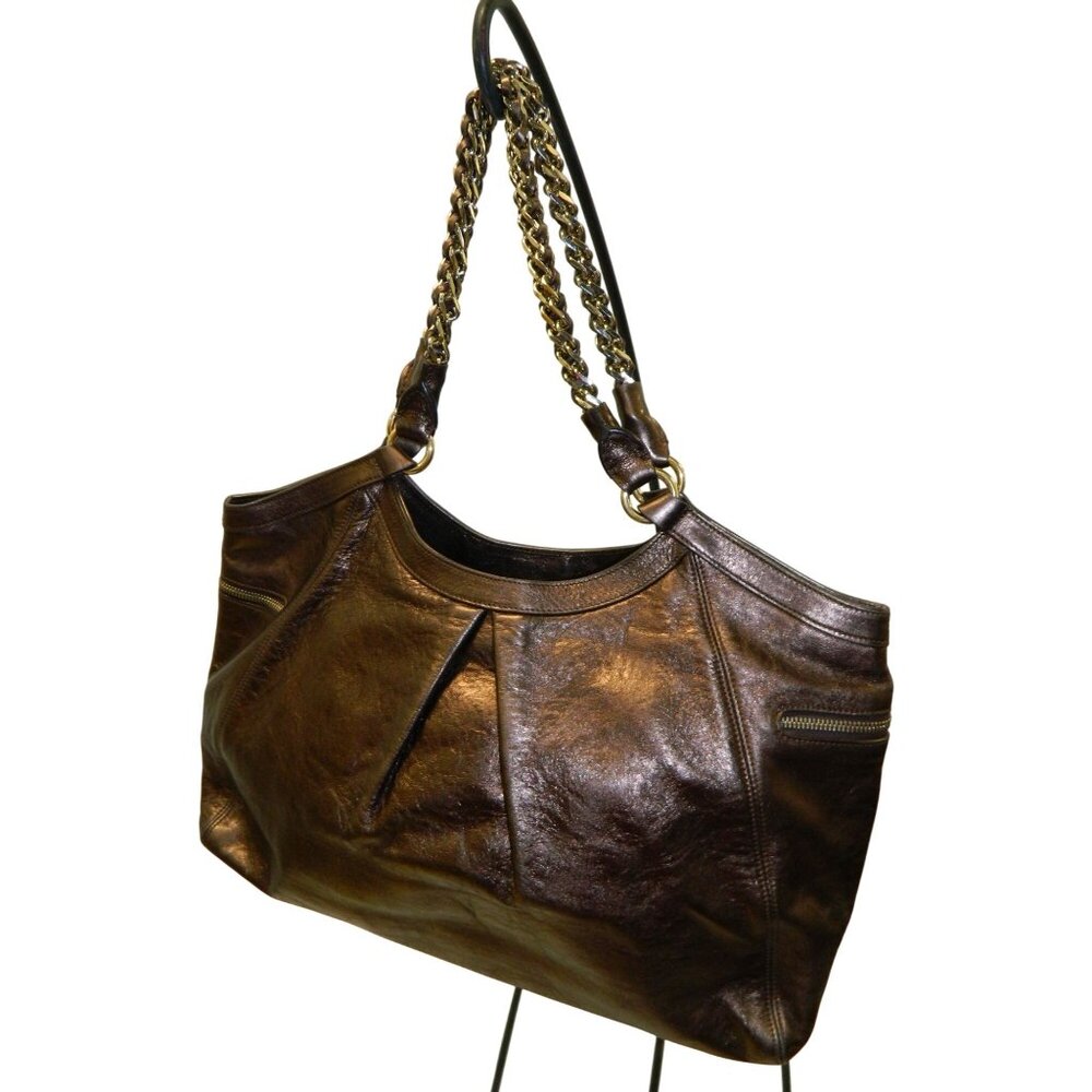 St John Metallic Bronze Brown Leather Shoulder Bag Chain Straps Side Pockets Y2K